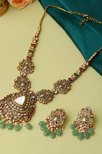 Gold Plated Kundan Green Stones Necklace Set
