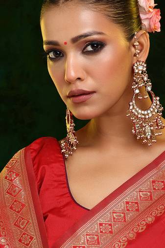 Gold Plated Kundan Red Stone Chandbali Earrings