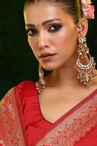 Gold Plated Kundan Red Stone Chandbali Earrings