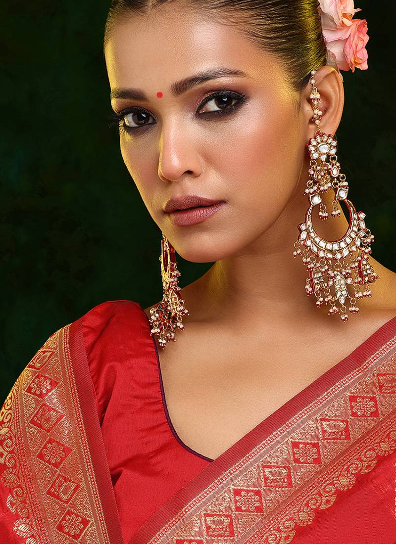 Gold Plated Kundan Red Stone Chandbali Earrings