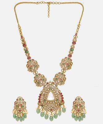 Gold Plated Kundan Green Stones Necklace Set 3