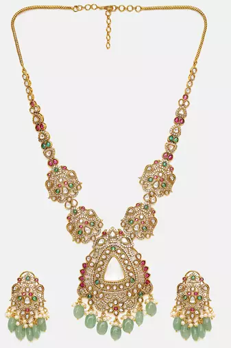 Gold Plated Kundan Green Stones Necklace Set