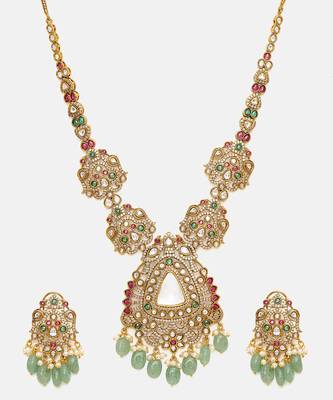Gold Plated Kundan Green Stones Necklace Set 4
