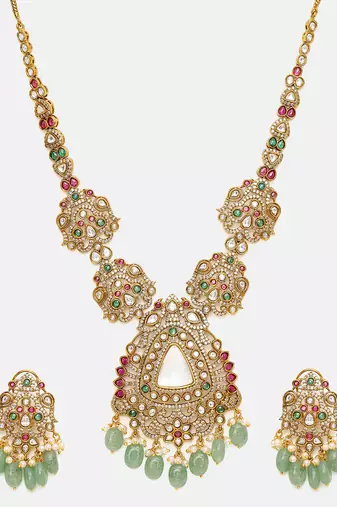 Gold Plated Kundan Green Stones Necklace Set