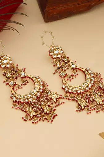 Gold Plated Kundan Red Stone Chandbali Earrings