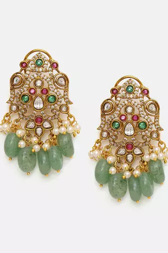 Gold Plated Kundan Green Stones Necklace Set