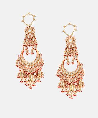 Gold Plated Kundan Red Stone Chandbali Earrings 3