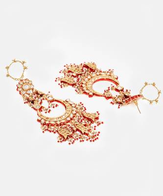 Gold Plated Kundan Red Stone Chandbali Earrings 4