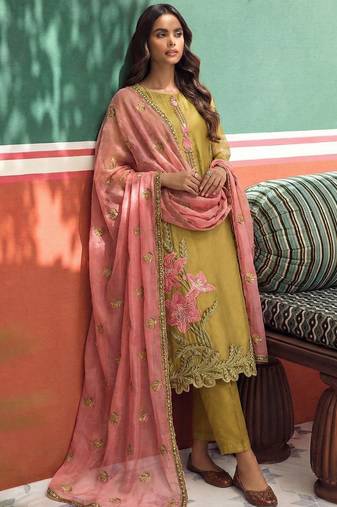 Yellow organza fancy zari party wear suit