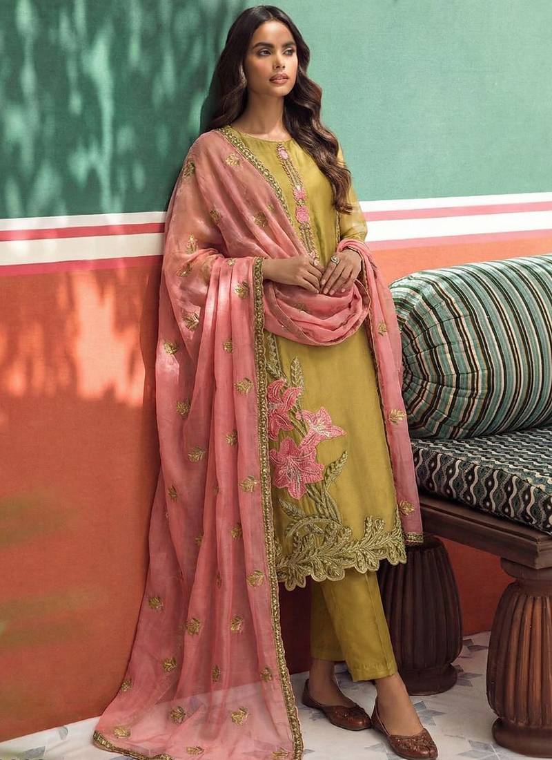 Yellow organza fancy zari party wear suit