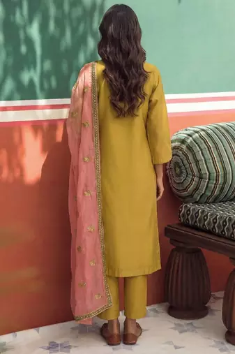 Yellow organza fancy zari party wear suit