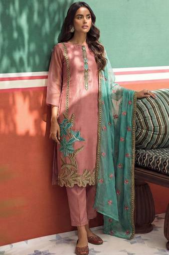 Peach organza fancy zari party wear suit