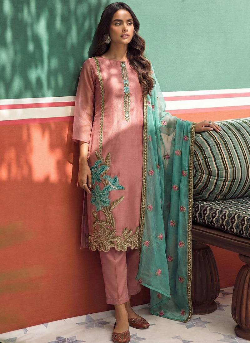 Peach organza fancy zari party wear suit