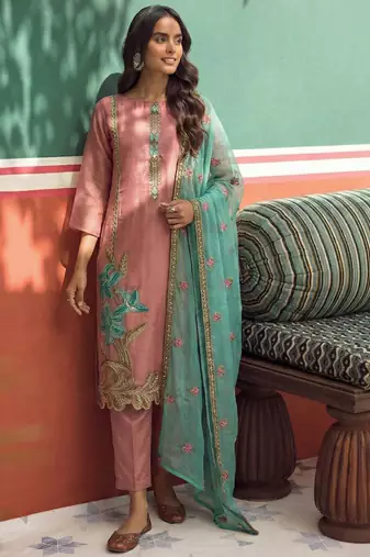 Peach organza fancy zari party wear suit