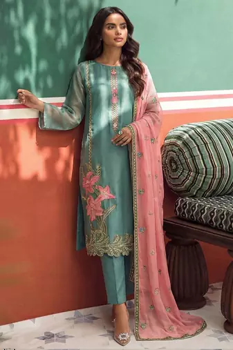 Sky blue organza fancy zari party wear suit