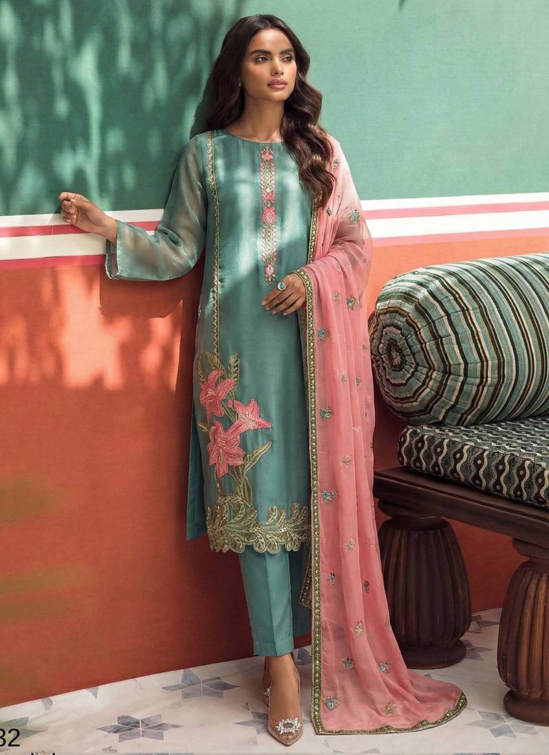 Sky blue organza fancy zari party wear suit