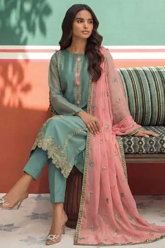 Sky blue organza fancy zari party wear suit