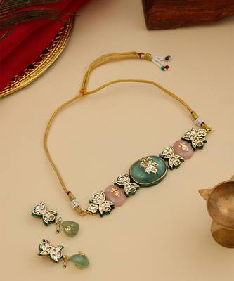 Gold Plated Kundan Turquoise Stone Choker Necklace Set 2