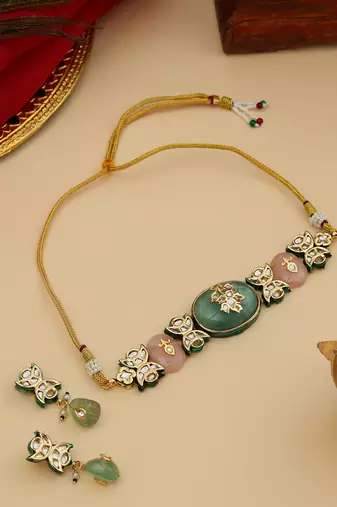 Gold Plated Kundan Turquoise Stone Choker Necklace Set