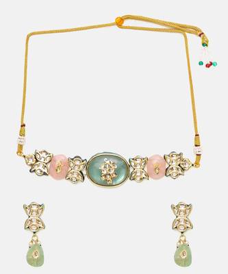 Gold Plated Kundan Turquoise Stone Choker Necklace Set 3