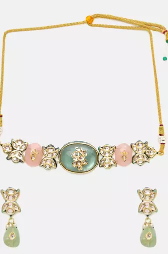 Gold Plated Kundan Turquoise Stone Choker Necklace Set
