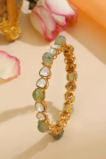 Gold Plated Kundan Green Stones Bangle