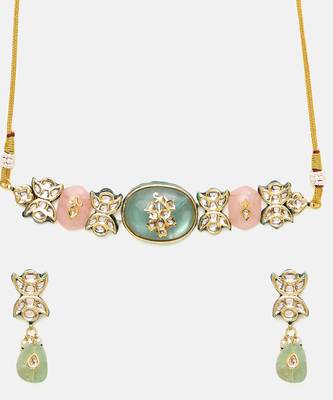 Gold Plated Kundan Turquoise Stone Choker Necklace Set 4