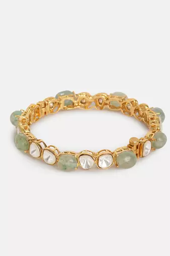 Gold Plated Kundan Green Stones Bangle
