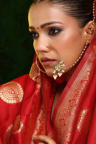 Gold Plated Kundan Green Stone Nose Ring With Chain