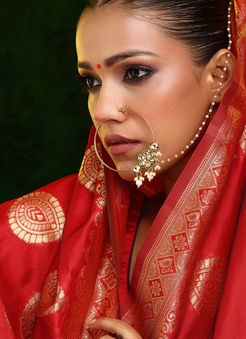 Gold Plated Kundan Green Stone Nose Ring With Chain