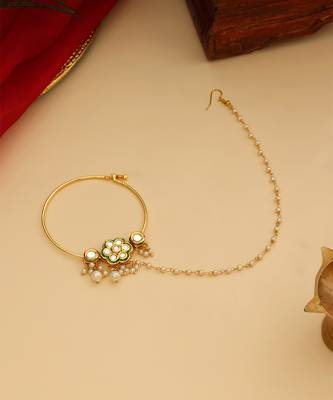 Gold Plated Kundan Green Stone Nose Ring With Chain 2