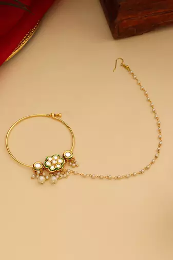 Gold Plated Kundan Green Stone Nose Ring With Chain