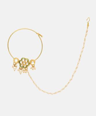 Gold Plated Kundan Green Stone Nose Ring With Chain 3