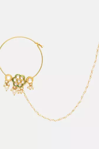 Gold Plated Kundan Green Stone Nose Ring With Chain