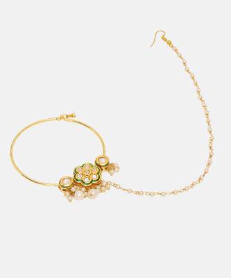 Gold Plated Kundan Green Stone Nose Ring With Chain 4