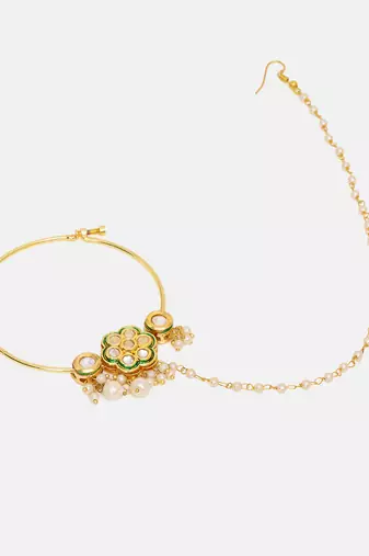 Gold Plated Kundan Green Stone Nose Ring With Chain