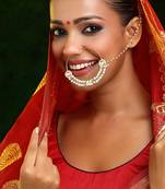 Gold Plated Kundan Pearl Nose Ring With Chain