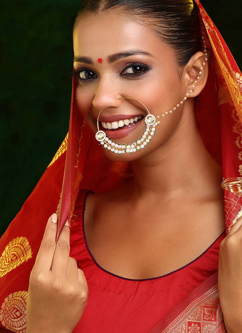 Gold Plated Kundan Pearl Nose Ring With Chain