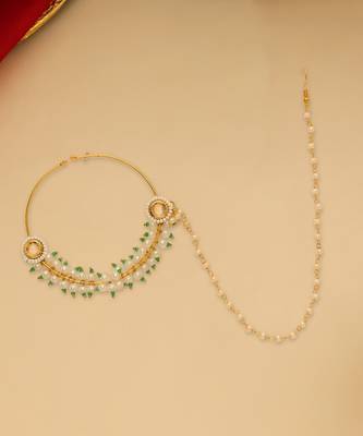 Gold Plated Kundan Pearl Nose Ring With Chain 2