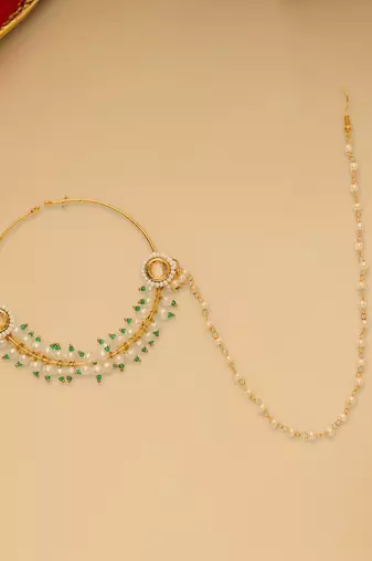 Gold Plated Kundan Pearl Nose Ring With Chain