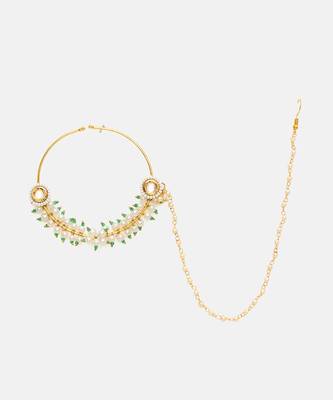 Gold Plated Kundan Pearl Nose Ring With Chain 3