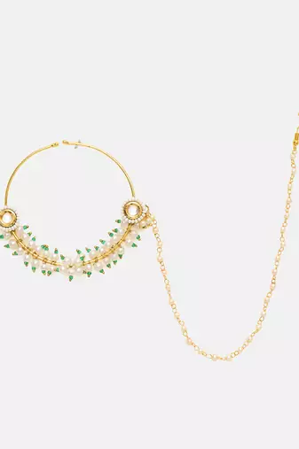 Gold Plated Kundan Pearl Nose Ring With Chain