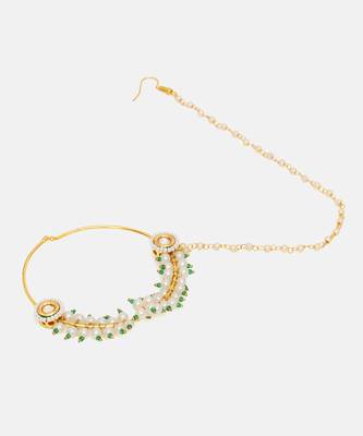 Gold Plated Kundan Pearl Nose Ring With Chain 4