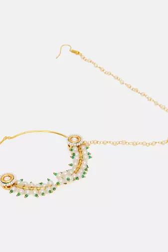 Gold Plated Kundan Pearl Nose Ring With Chain