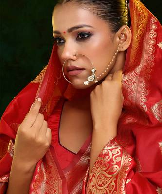 Gold Plated Kundan Green Stone Nose Ring with Chain 1
