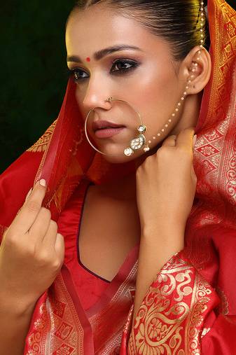 Gold Plated Kundan Green Stone Nose Ring with Chain