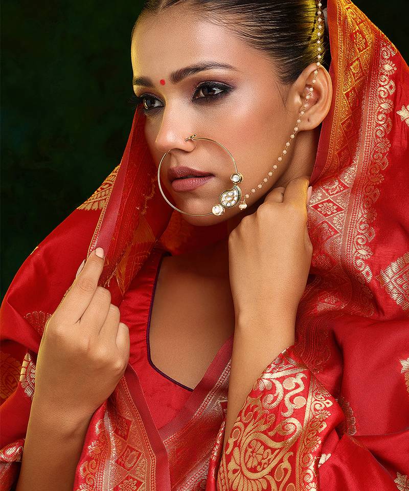 Gold Plated Kundan Green Stone Nose Ring with Chain