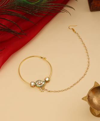 Gold Plated Kundan Green Stone Nose Ring with Chain 2