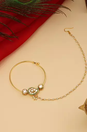 Gold Plated Kundan Green Stone Nose Ring with Chain