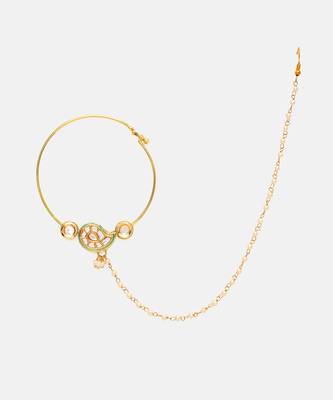 Gold Plated Kundan Green Stone Nose Ring with Chain 3